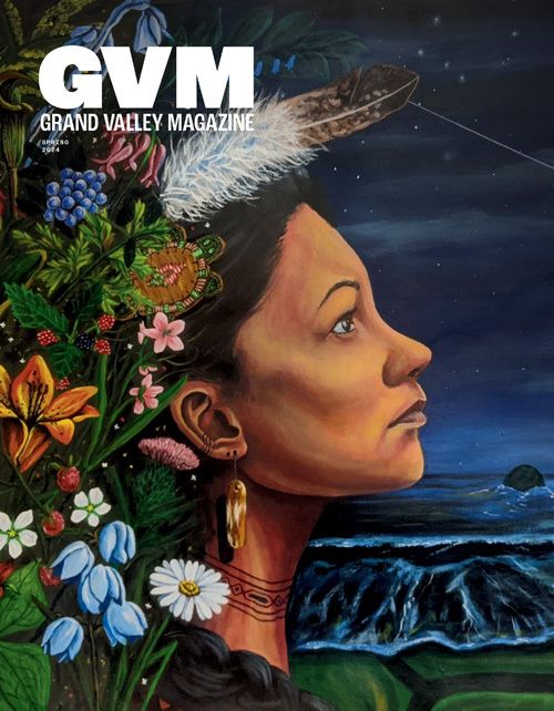 A native american woman looks off to the right, in the background water laps onto the shore which is a turtle shell. Her hair is intertwined with a beaded turtle and pink, blue and white flowers. Text at the top left reads "GVM."