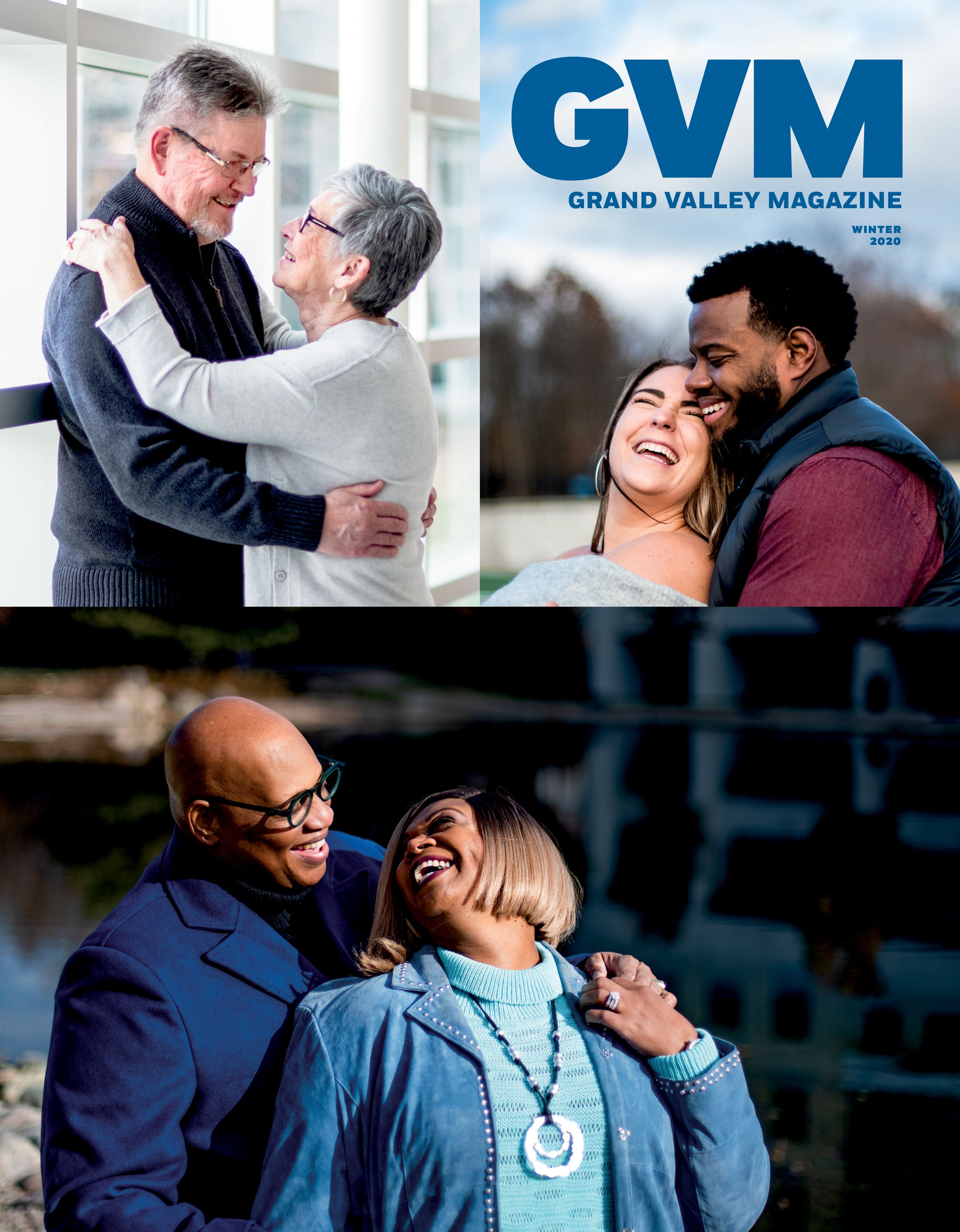 three images, firth one is top left of two white older people male on left female on right embracing each other. second is the top right white woman on the left black man on the right hugging her from behind. and the last is the bottim half of the page with a black man standing behind a black woman facing the camera, the women is looking over her right shoulder at the man.