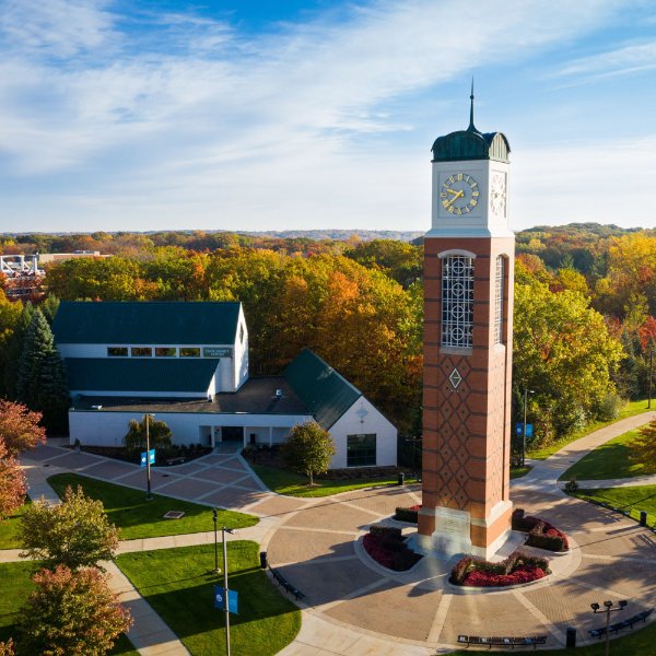 aerial photo of carillon tower, Cook-DeWitt Center
