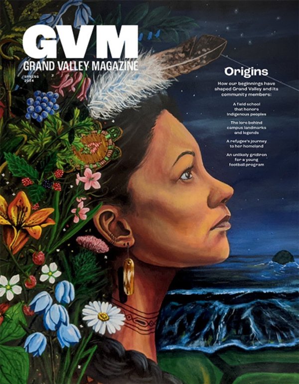 cover of spring issue of GVM with native woman looking at night sky, original artwork