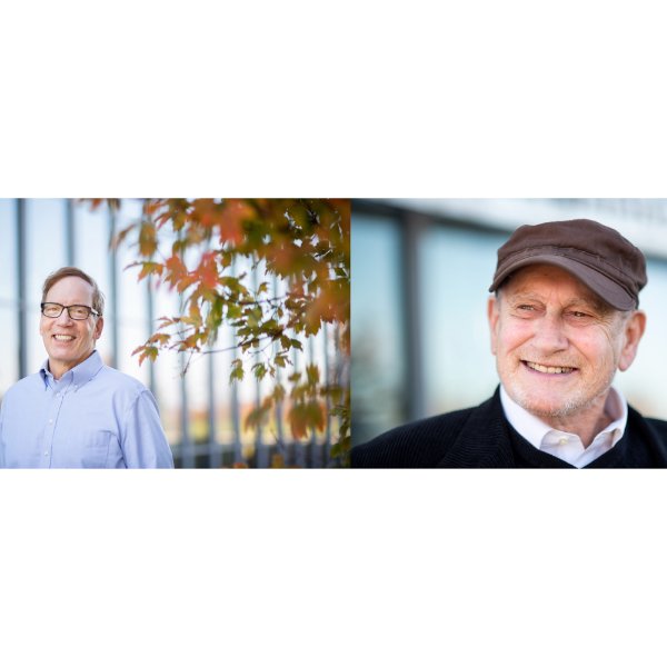 Portraits of Gregg Dimkoff and Roger Ellis, both standing outside