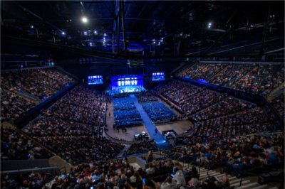 A wide shot of Van Andel Arena during Grand Valley's Commencement.