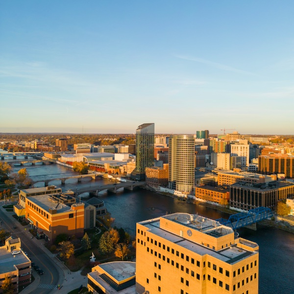 A drone view of downtown Grand Rapids from the Eberhard Center at GVSU.