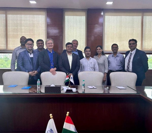 The GVSU delegation meets with leaders from Shadra University. In front, from left are Danny Vélez, Mark Staves and Kirthi Kondapalli; in back, from left, are Chris Hendree, Kingshuk Majumdar and Paul Plotkowski.