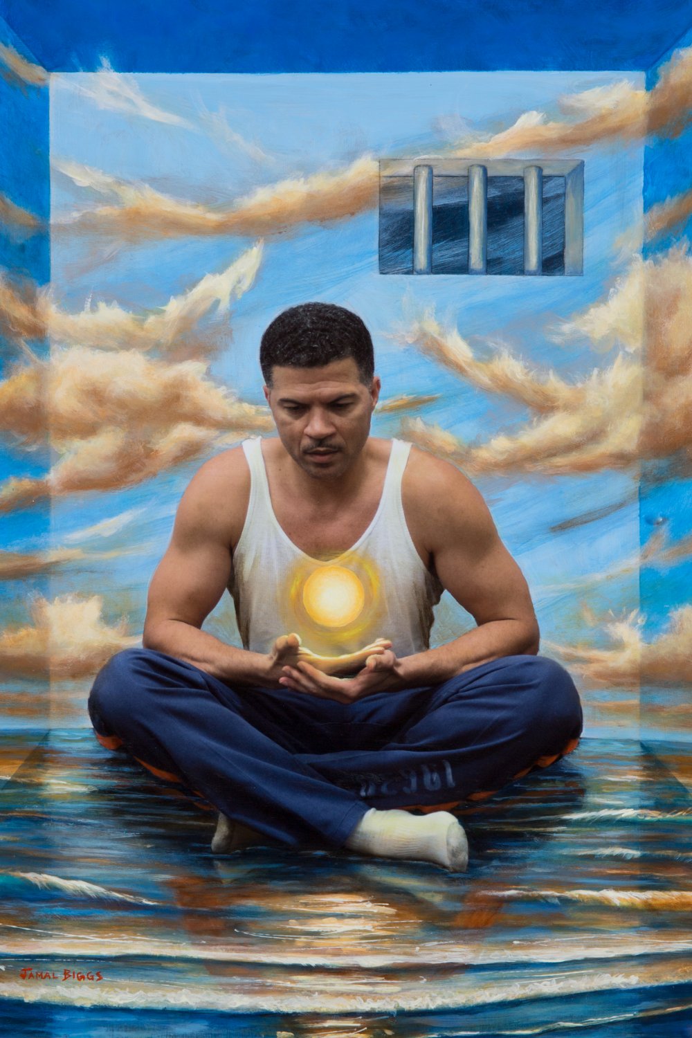 A painted photograph of a man sitting with their legs crossed, sitting on painted water with a blue sky with white clouds behind.Their upturned hands are in their lap with a glowing ball of light floating above them. A barred window is in the right corner