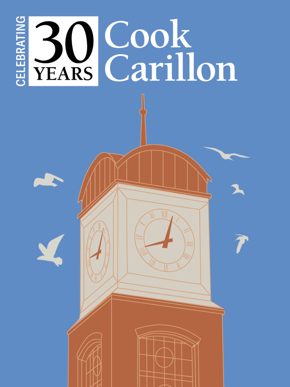 Celebrating 30 years Cook Carillon, Carillon Tower with birds flying around it