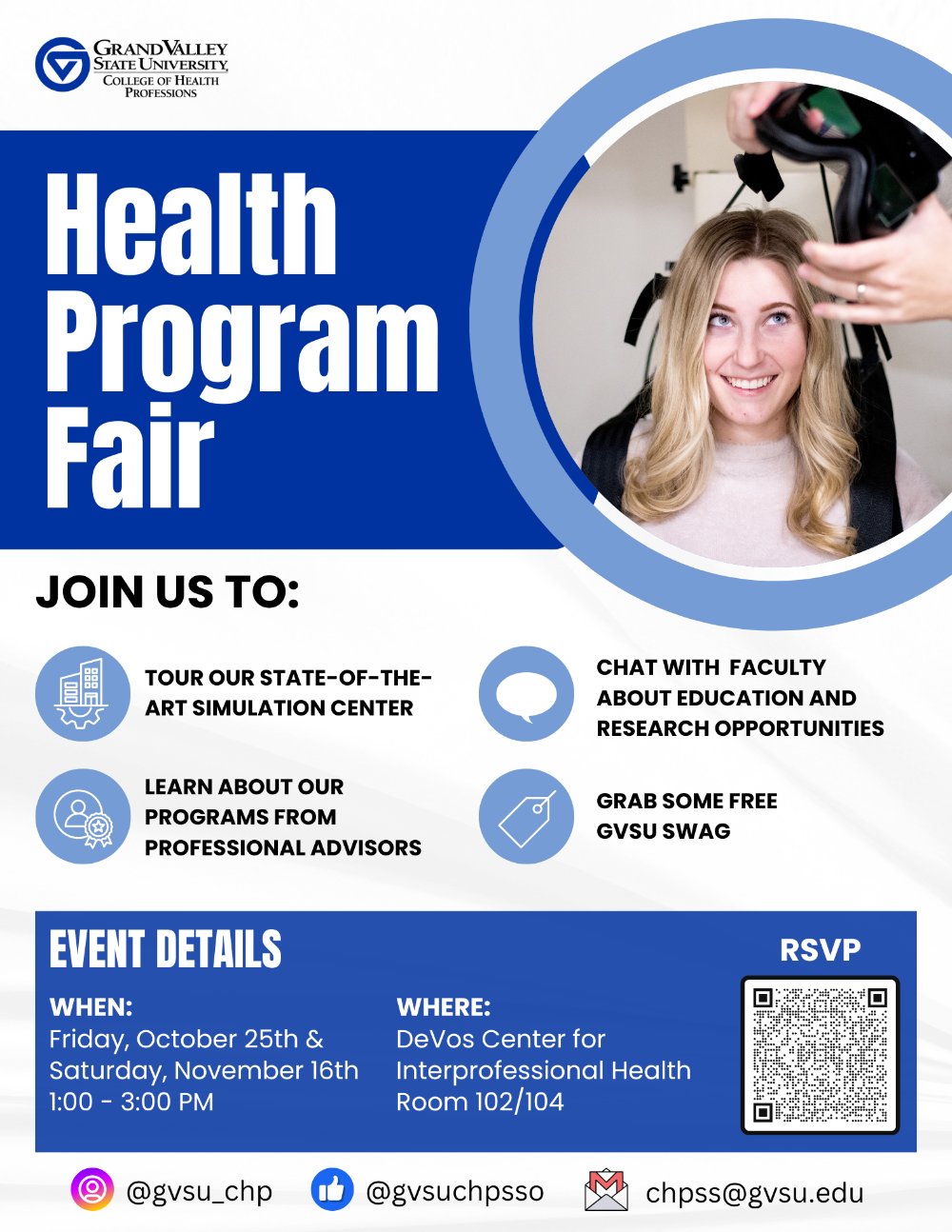 Flyer with image of Audiology student. Describe the Health Program Fair and event details (listed below).