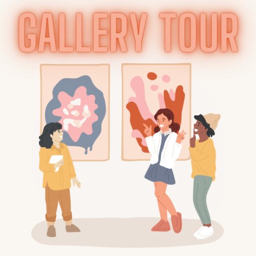 A graphic design image of three figures standing in front of two abstract paintings. The words "Gallery Tour" are at the top.