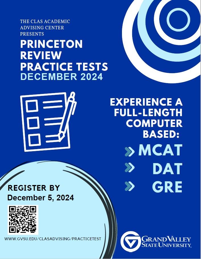 Flyer with link to registration page, www.gvsu.edu/clasadvising/practicetest