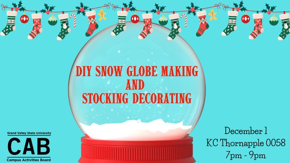 A large snowglove with stocking hangings from the top with words inside the snowglobe saying, DIY Snowglobe Making and Stocking Decorating. In the bottom right corner, words stating,  December 1 KC Thornapple 0058 7pm-9pm