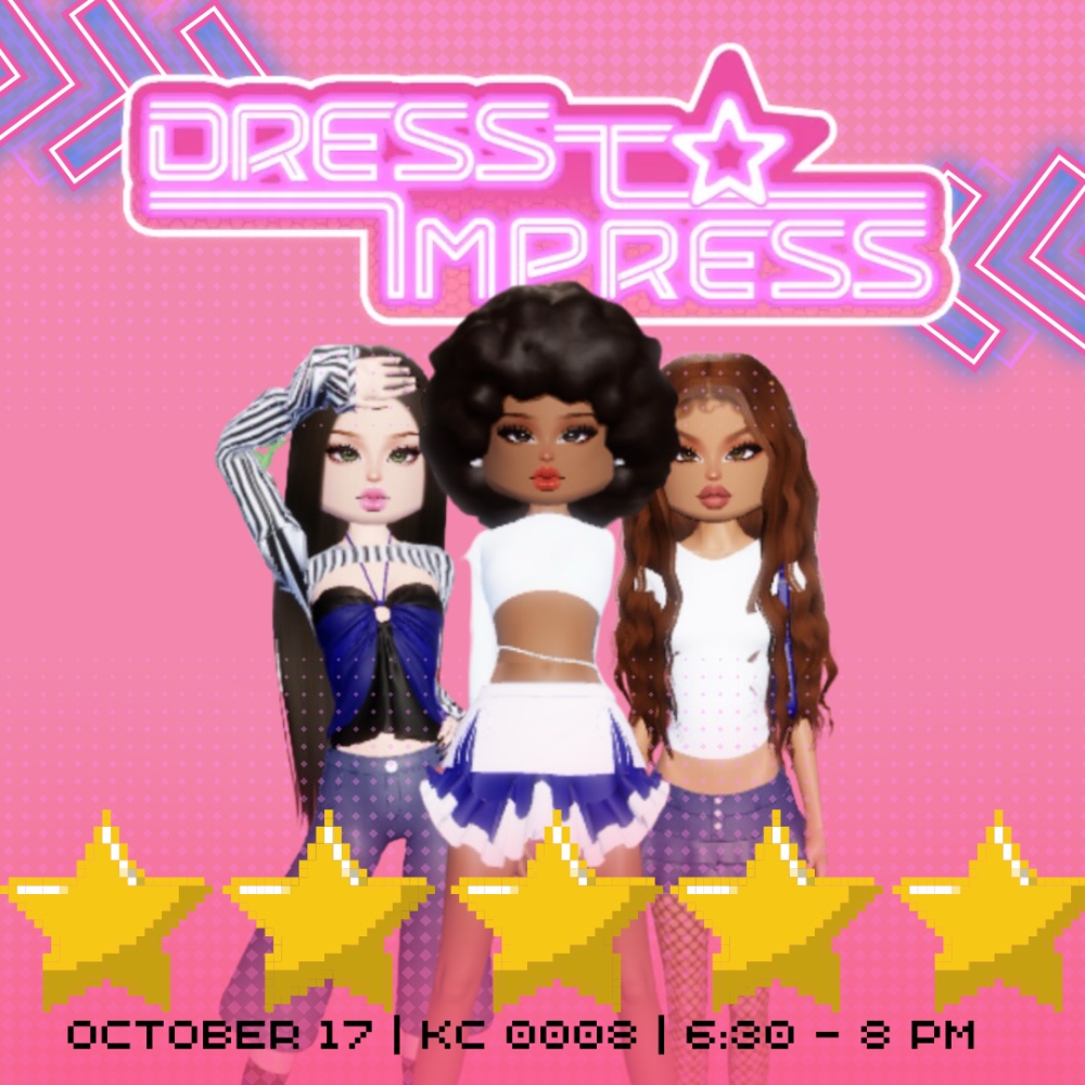 3 dress to impress Roblox characters posing behind 5 yellow stars and below neon lettering reading "dress to impress"