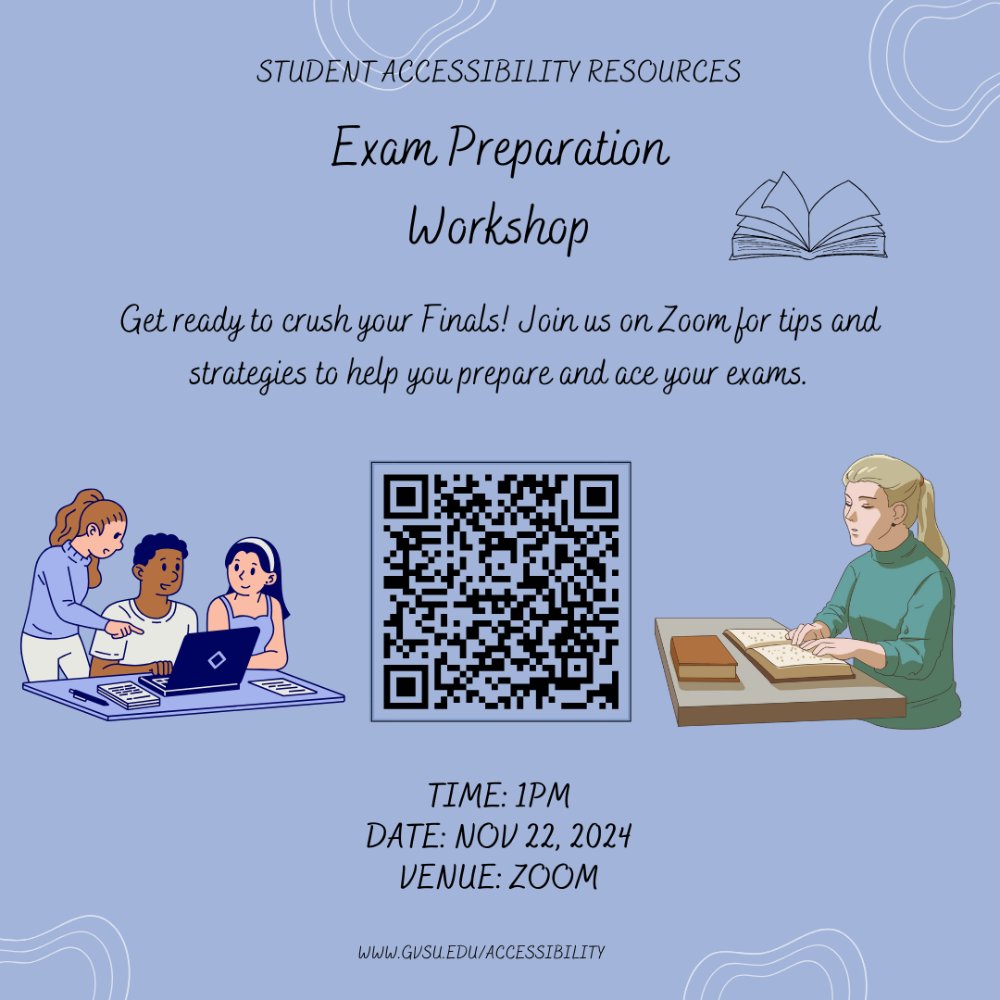 A flyer for an Exam Preparation Workshop with a QR code for the Zoom link, scheduled for Nov 22, 2024, at 1 PM.