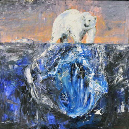 An oil painting of a polar bear on a shrinking icebeg surrounded by water.