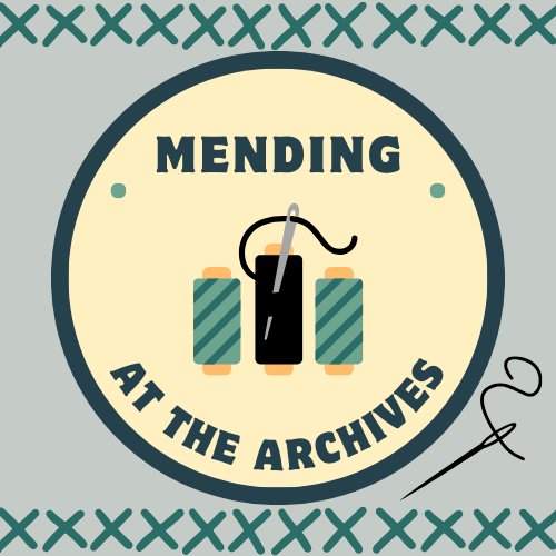 Mending at the Archives set in a circle with bobbins and a needle. There are x's at the top and bottom and another needle and thread on the right.