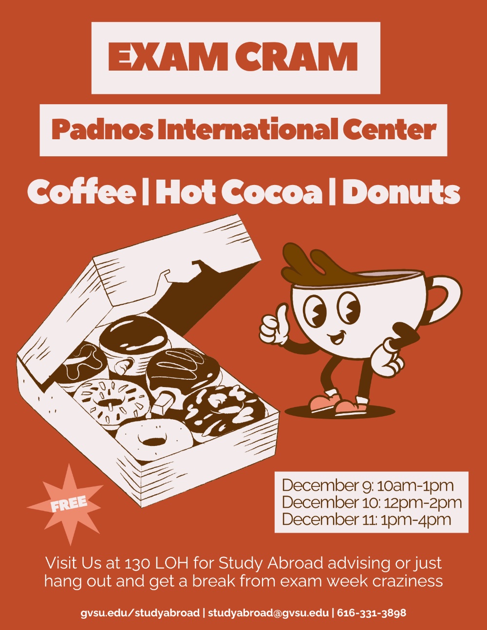 Exam Cram with Padnos International Center - Coffee, Hot Cocoa, Donuts