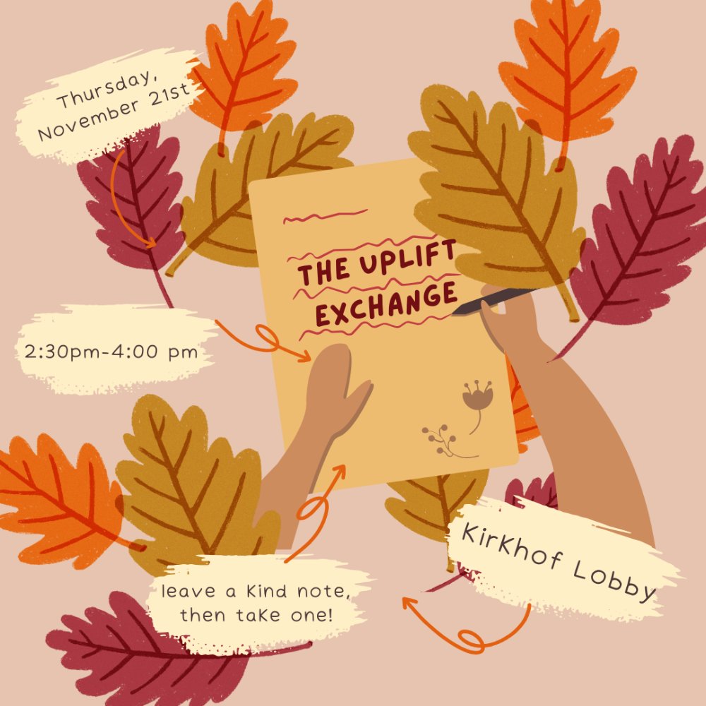 cartoons of fall leaves and a cartoon image of arms holding a paper and pen writing the words "the uplift exchange"