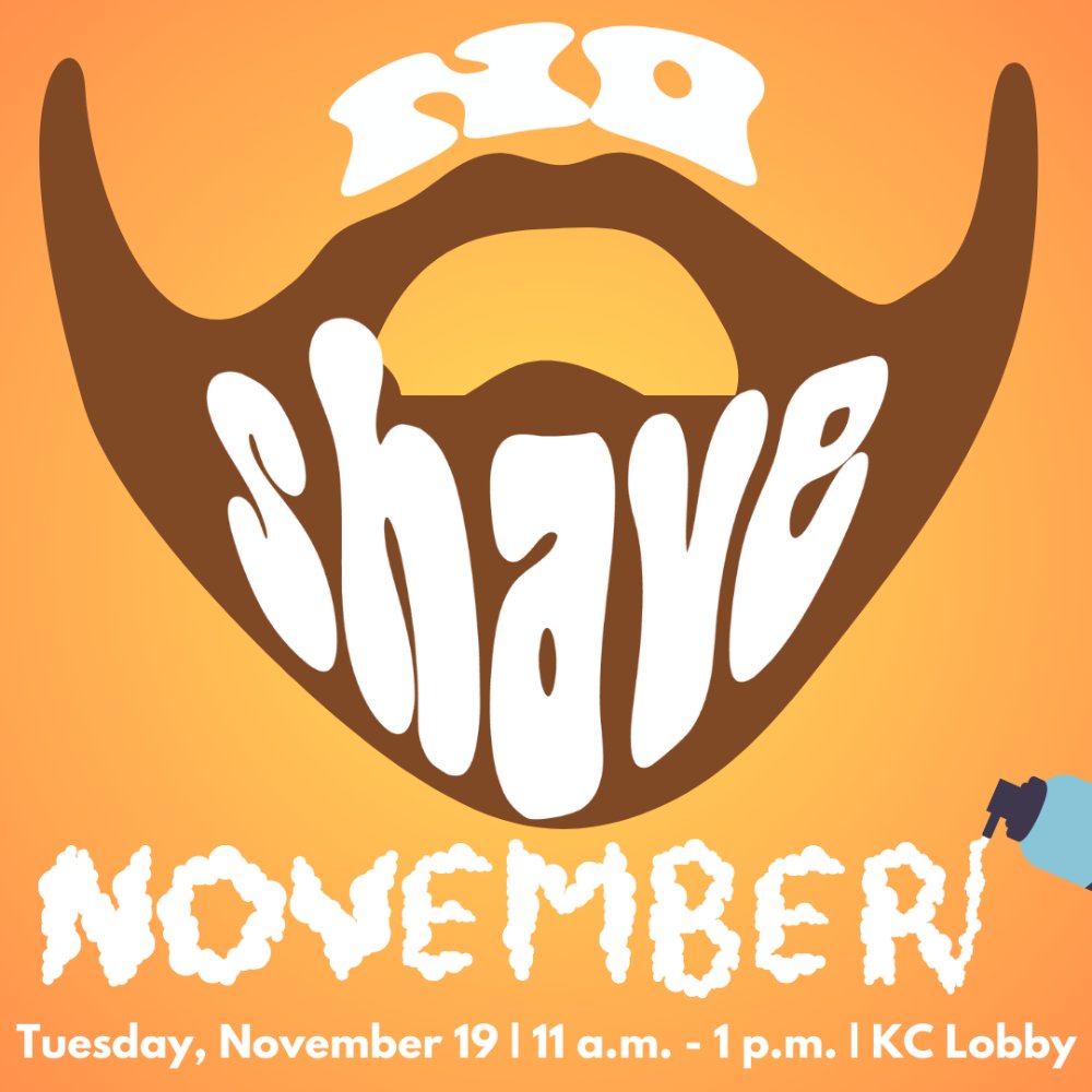 orange background with a brown cartoon beard outline.white text reads no shave november