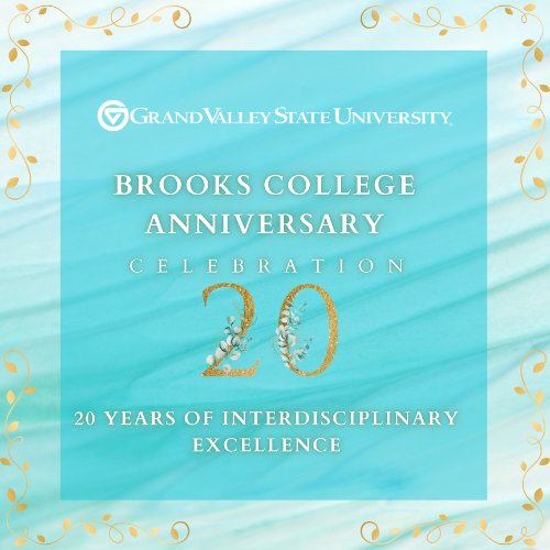 Brooks College Anniversary Celebration graphic aqua blue abstract wave background with golden accents