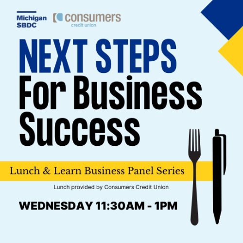 Dark Blue "Next Steps for business success" on a light blue background. Fork and pen icon