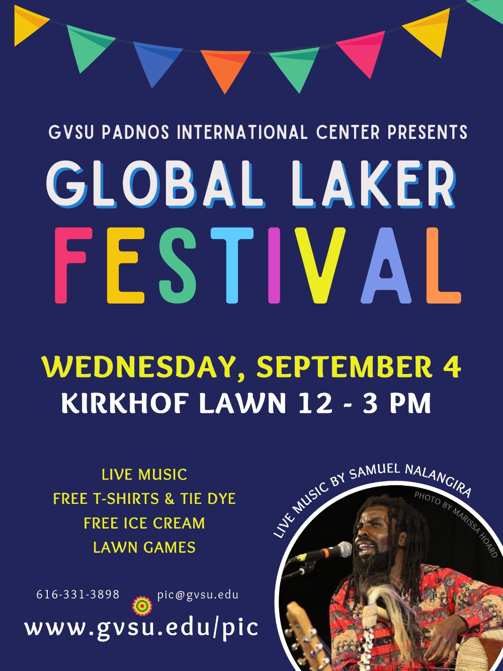 flyer for Global Laker Festival for September 4 with circle photo of musician