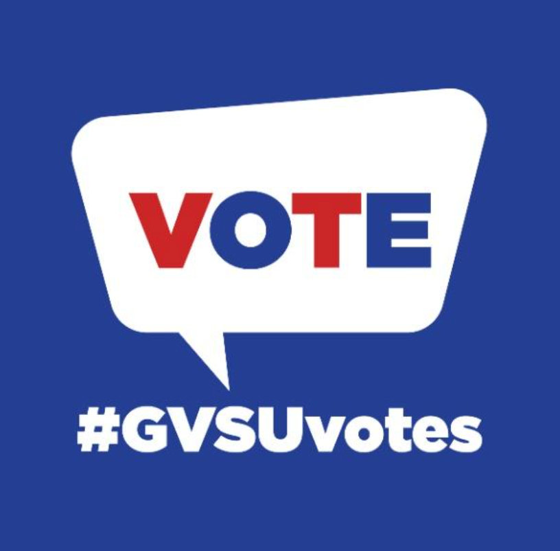 VOTE in blue and red letters on blue background, #GVSUvotes underneath word bubble