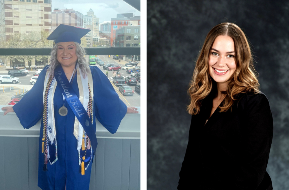 composite photo of Faith Kidd in commencement gown and cap and Quinn Hefferan Nordlund