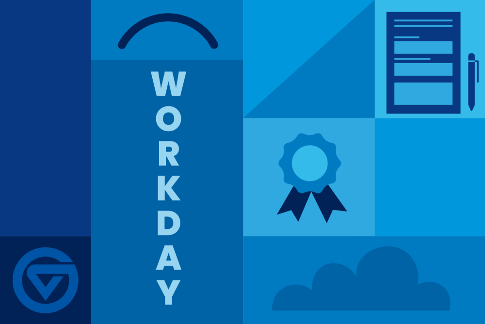 Workday image including circle GV logo and ribbon, checklist and cloud
