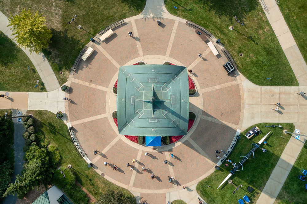 done camera looking down at point of carillon tower