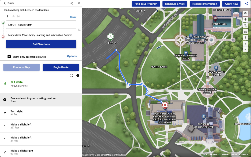 screenshot of map program showing walking route from lot G to Mary Idema Pew Library