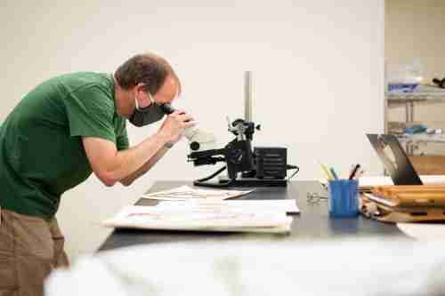 Man looks in a microscope