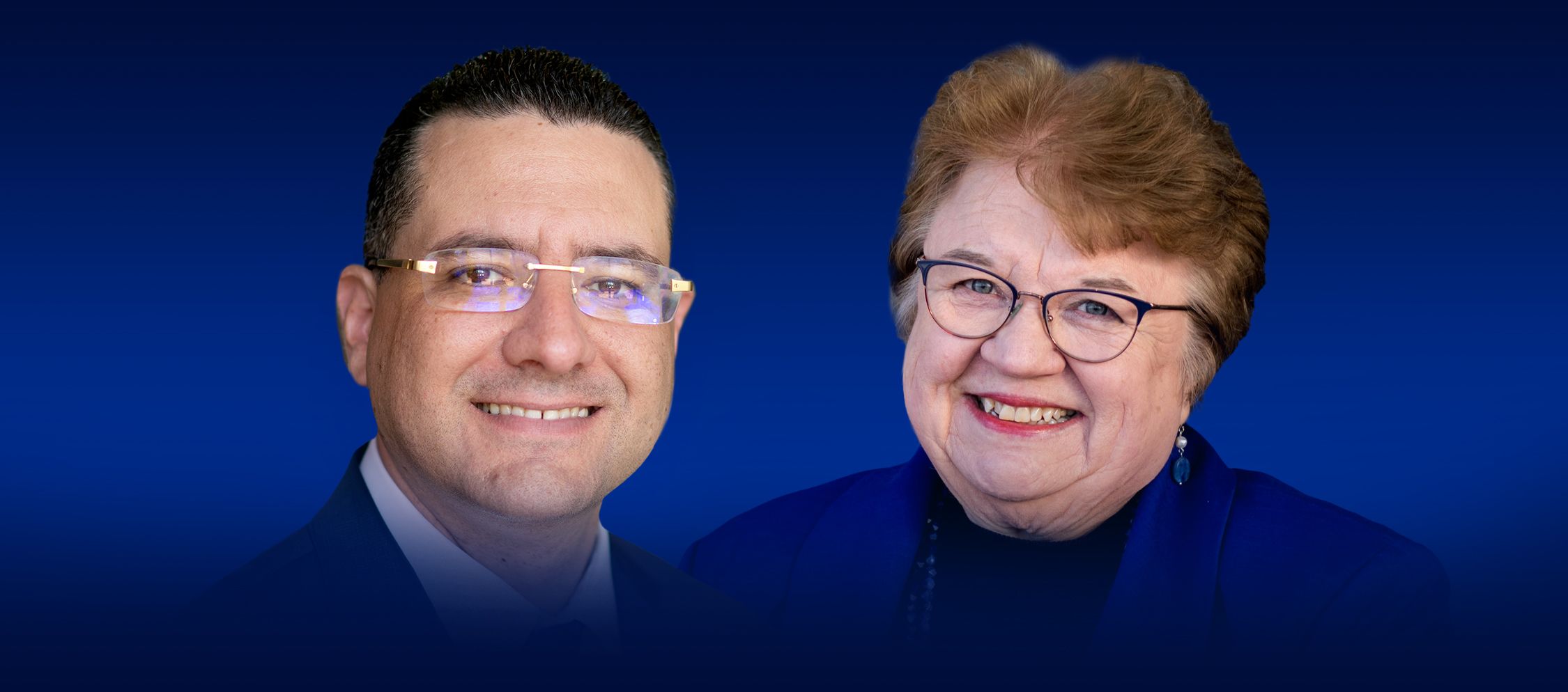 Linda Lewandowski and Maroune Kessentini in a composite photo against blue background