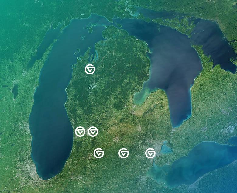 lower peninsula with circle GV logos in six locations