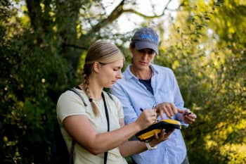 two people in field using radio telemetry to search for turtle hatchlings