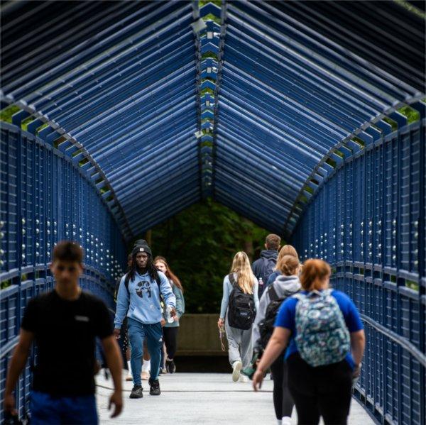 Students walk across Little Mac bridge.