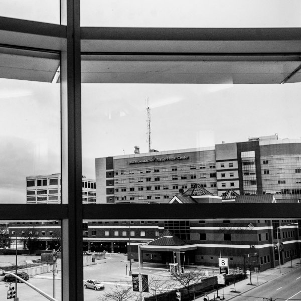 black and white photo taken from the CHS building looking south on Michigan Avenue to Spectrum Health