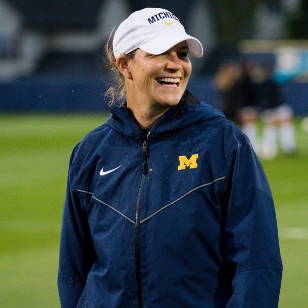 Katie Hultin smiles following a game at her former school, the University of Michigan.
