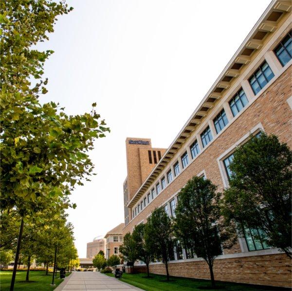 exterior photo of Seidman Center, green trees and sidewalk extends through center of photo