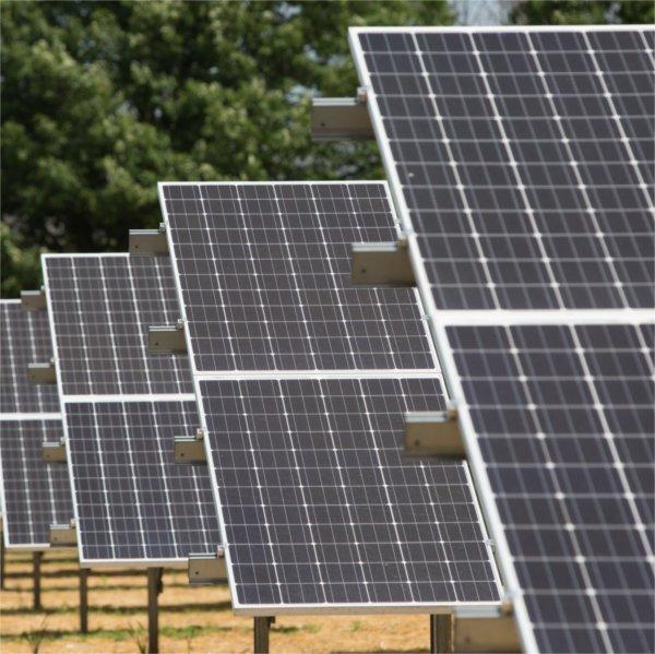 Rows of solar panels at GVSU's Solar Garden.