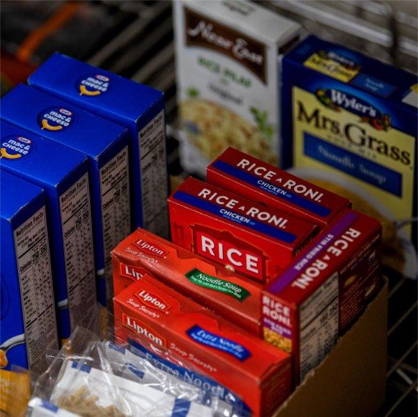 nonperishable food boxes on a shelf