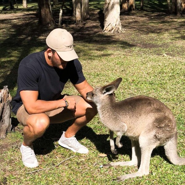 Nate Anderson pets a kangaroo in Australia