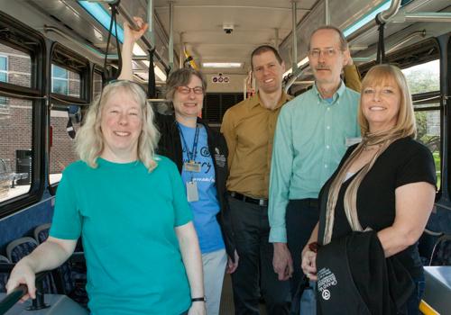 A group from University Libraries is pictured on the Campus Connector; from left are Kim Ranger, Debbie Morrow, Kyle Felker, Bob Schoofs and Barbara Harvey.