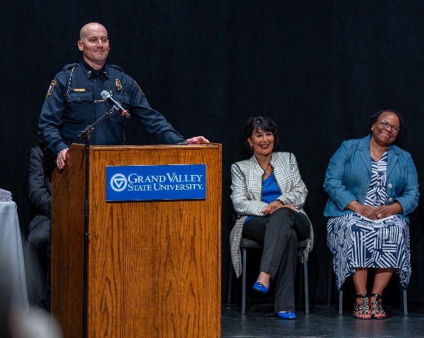 Grand Rapids Police Chief Eric Winstrom with President Philomena V. Mantella and Dr. Sherril Roman.