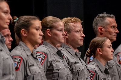 GVSU Police Academy Recruits at attention during their graduation ceremony.