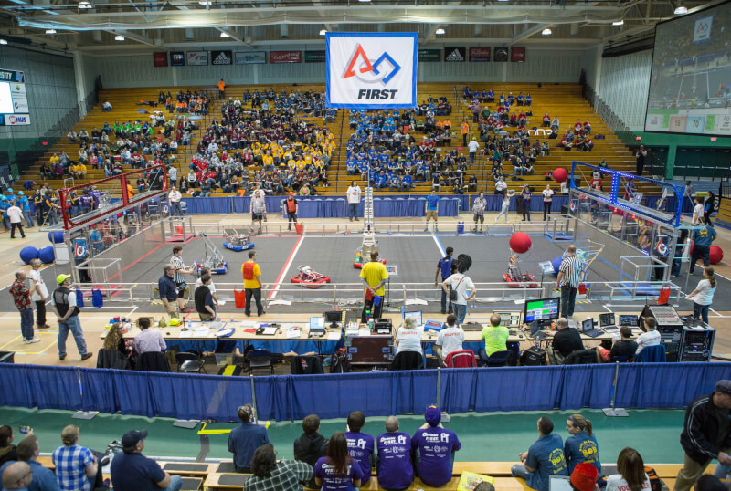 A photo of the FIRST Robotics competition in the Fieldhouse.