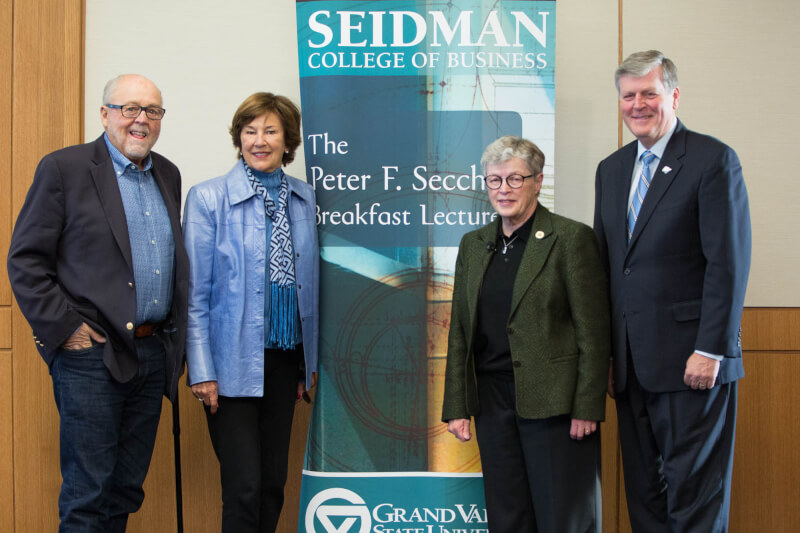 From left: Peter F. Secchia, Joan Secchia, Lou Anna Simon, GVSU President Thomas J. Haas