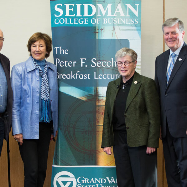 From left: Peter F. Secchia, Joan Secchia, Lou Anna Simon, GVSU President Thomas J. Haas