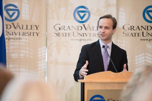 Photos by Amanda Pitts<br>Michigan Lt. Gov. Brian Calley addresses students and faculty members at the Kirkhof College of Nuring in the Cook-DeVos Center for Health Sciences December 5.
