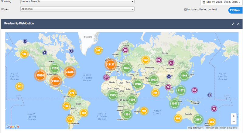 This image shows where in the world people have downloaded senior projects by Meijer Honors College students.