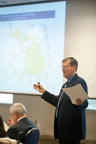 President Thomas J. Haas presents a new 'Dashboard' report to the Board of Trustees during the February 10, 2012 meeting.