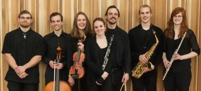 Members of New Music Ensemble (from left to right): Reese Rehkopf, Kevin Flynn, Krista Visnovsky, Amy Zuidema, Wade Selkirk, Karsten Wimbush and Hannah Donnelly